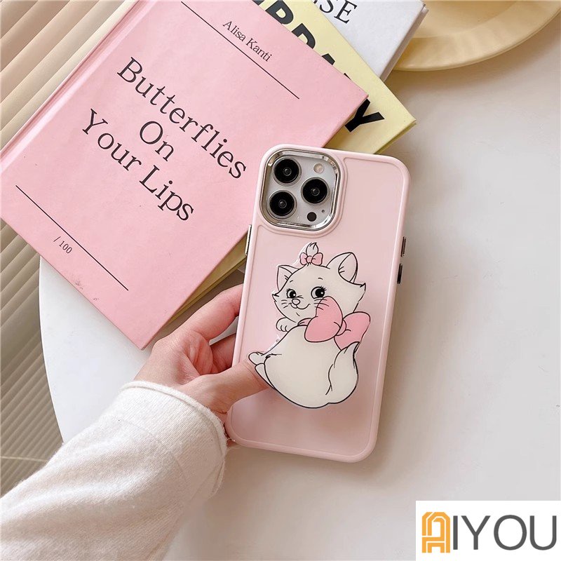 IPHONE Pink Mary Cat Bracket Cairan Plating Perlindungan Casing Ponsel Kompatibel Untuk Iphone14 14Plus 13 12 11 Pro Max XR IX Cakupan Penuh Shockproof Soft Cover
