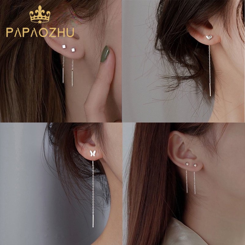 Papaozhu Korea s925 Perak Rantai Panjang Rumbai Hati Kupu-Kupu Drop Anting-Anting Untuk Wanita Perempuan Elegan Geometris Anting-Anting