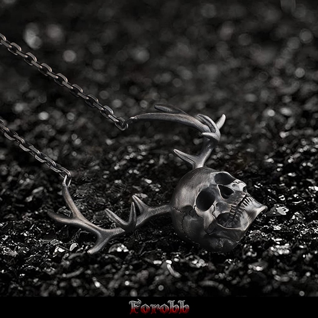 Kepribadian Punk Rock Fashion Tanduk Tengkorak Liontin Pria Gothic Skeleton Kalung Mens Perhiasan Aksesoris Halloween