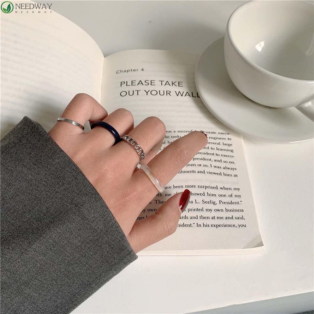 Needway Cincin Logam Set Kepribadian Temperamen Wanita Rantai 4pcs Perhiasan Fashion Korea