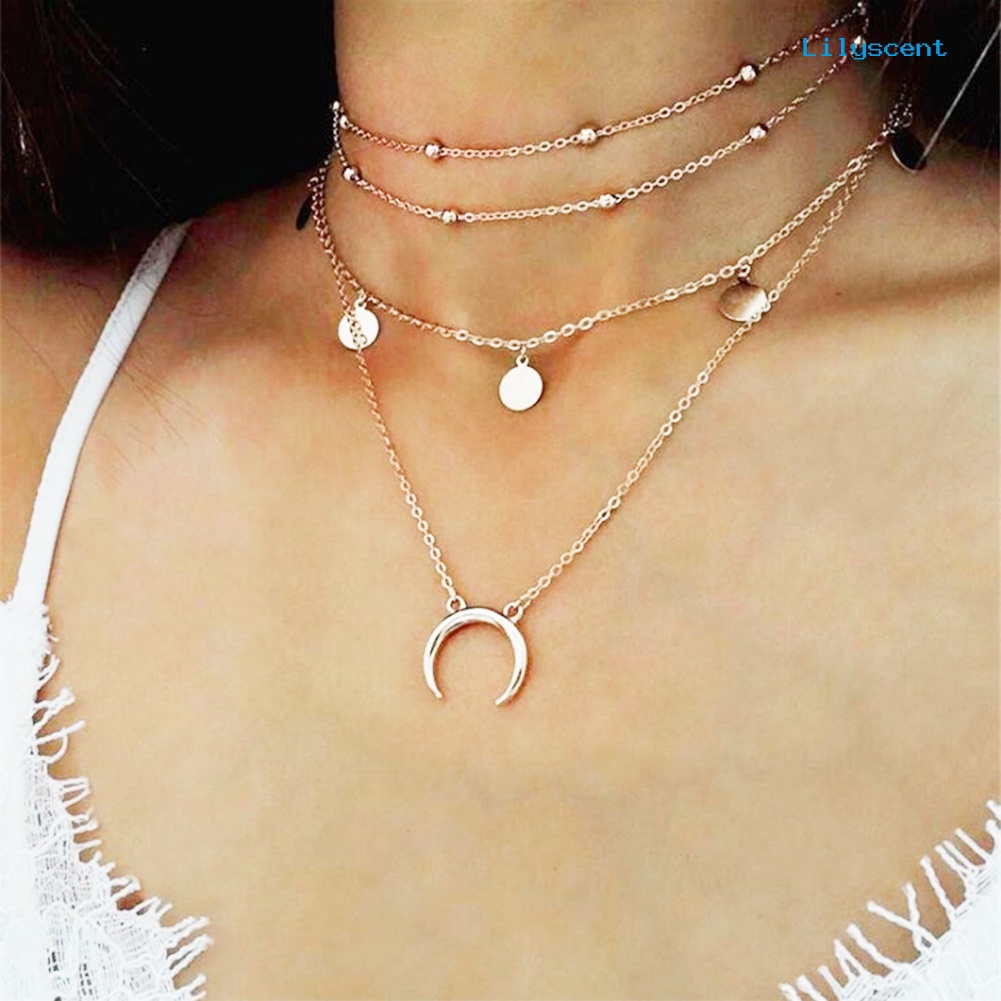 [LS]Boho Wanita Choker Bulan Liontin Manik-Manik Multi Lapisan Kalung Fashion Perhiasan