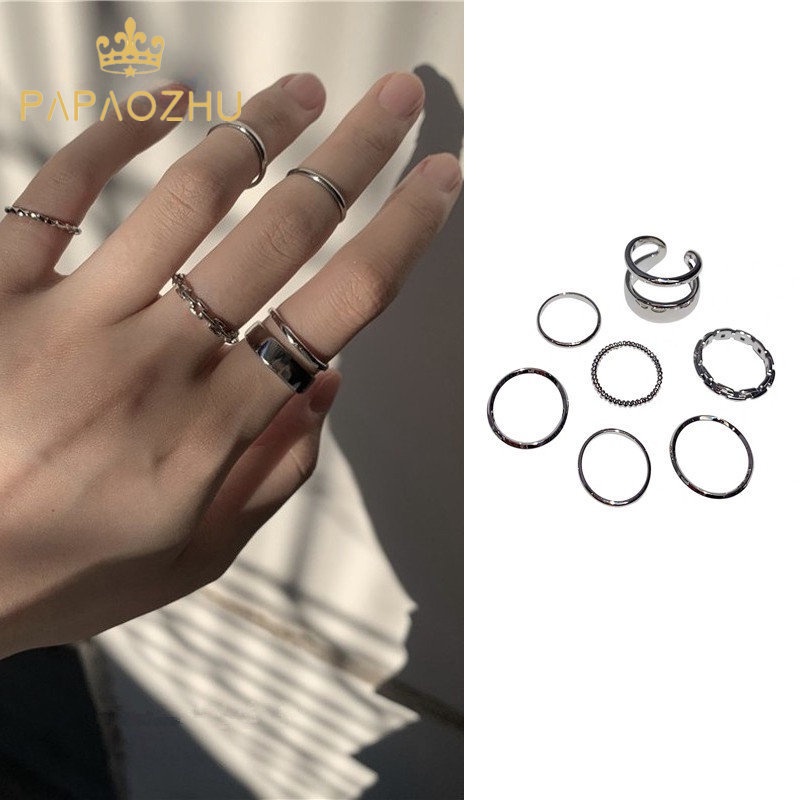 Papaozhu 7 Pcs Vintage Perak Susun Midi Buku Jari Cincin Set Untuk Wanita Gadis Fashion Geometris Cincin Jari Perhiasan Set