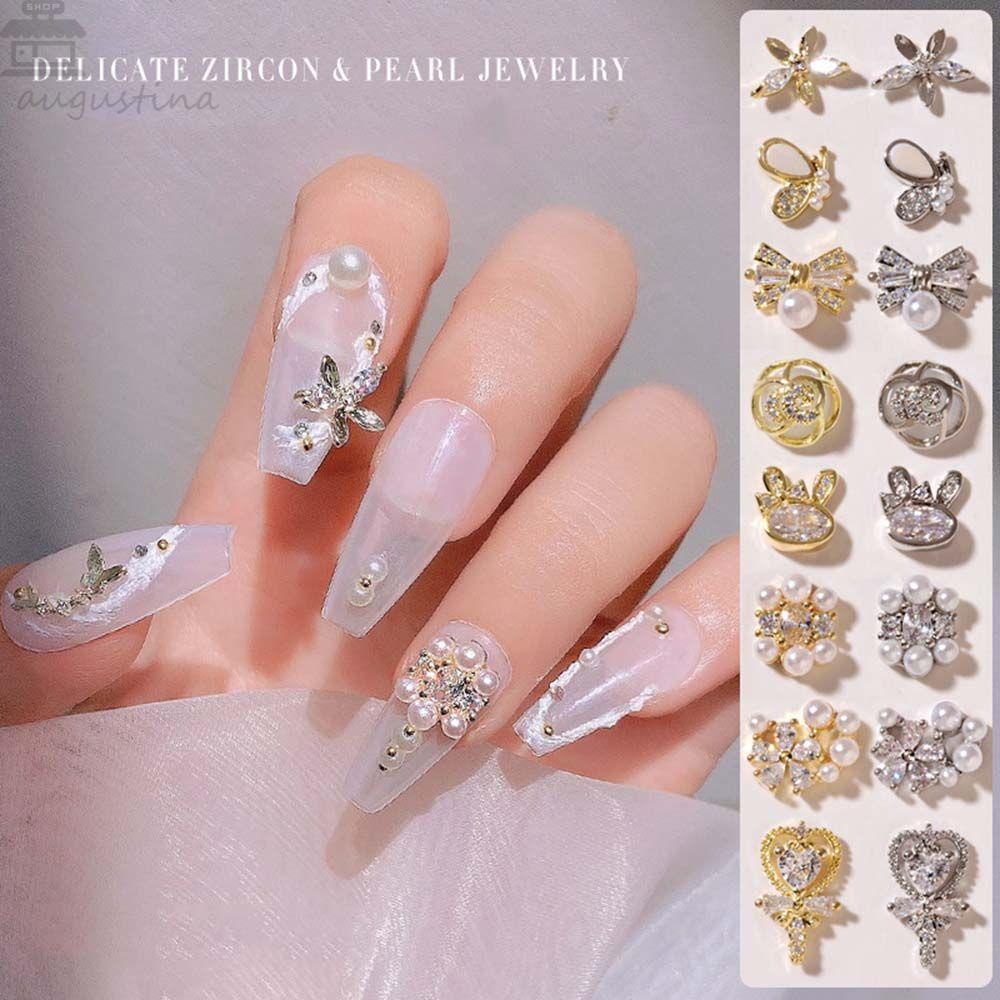 AUGUSTINA Augustina Nail Art Berlian Imitasi Fashion Zirkon Mutiara Ornamen Berlian Busur Jepang DIY Dekorasi Nail Art