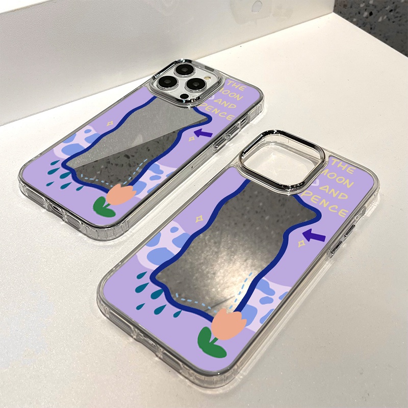 IPHONE Casing Ponsel Cermin Lukisan Ungu Kompatibel Untuk Iphone11 12 13 14 12Pro 13Pro 14Pro Pro Max XR X XS Max Electroplating Tombol Perlindungan Mirror Cover