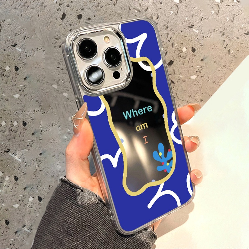 IPHONE Casing Ponsel Cermin Lukisan Biru Terang Kompatibel Untuk Iphone11 12 13 14 12Pro 13Pro 14Pro Pro Max XR X XS Max Electroplating Tombol Perlindungan Mirror Cover