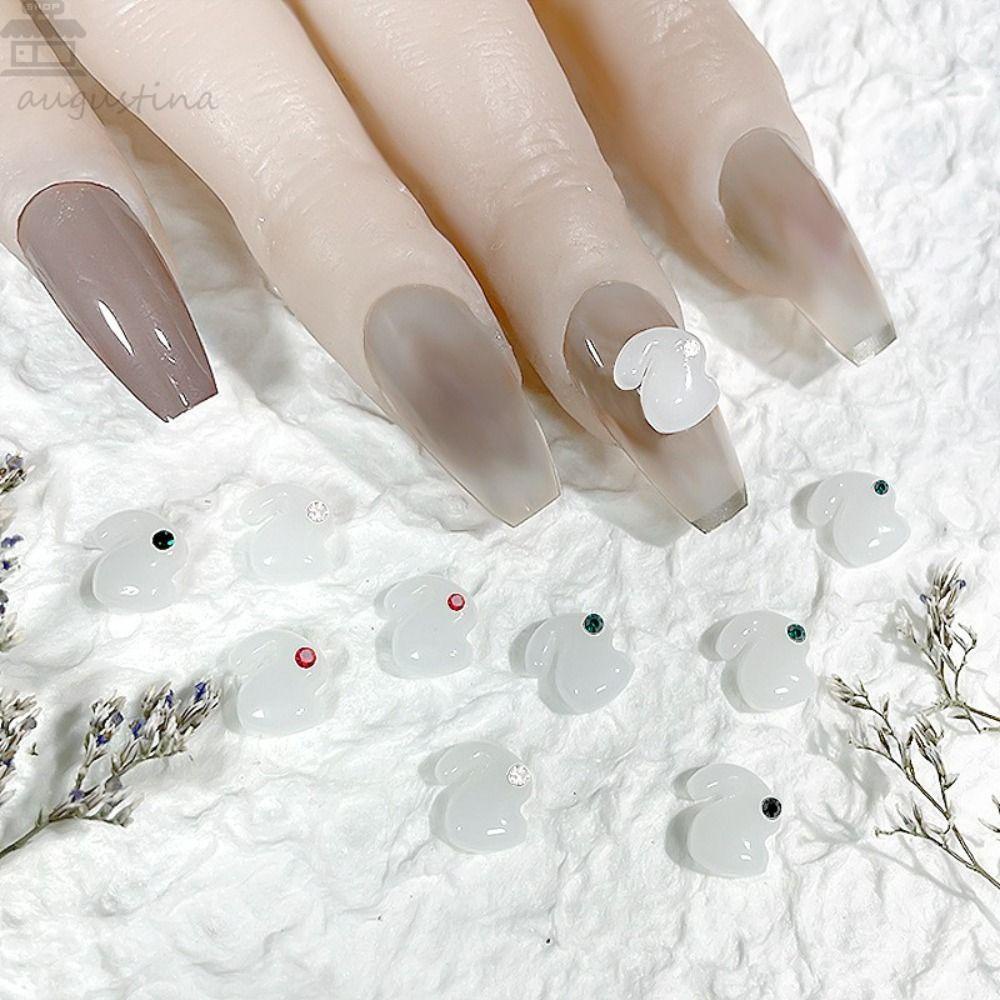 AUGUSTINA Augustina Jade Rabbit Nail Charms Kawaii 10pcs Dekorasi Kuku Tahun Baru DIY Bahan Manicure Ornament Bunny Nail Rhinestones