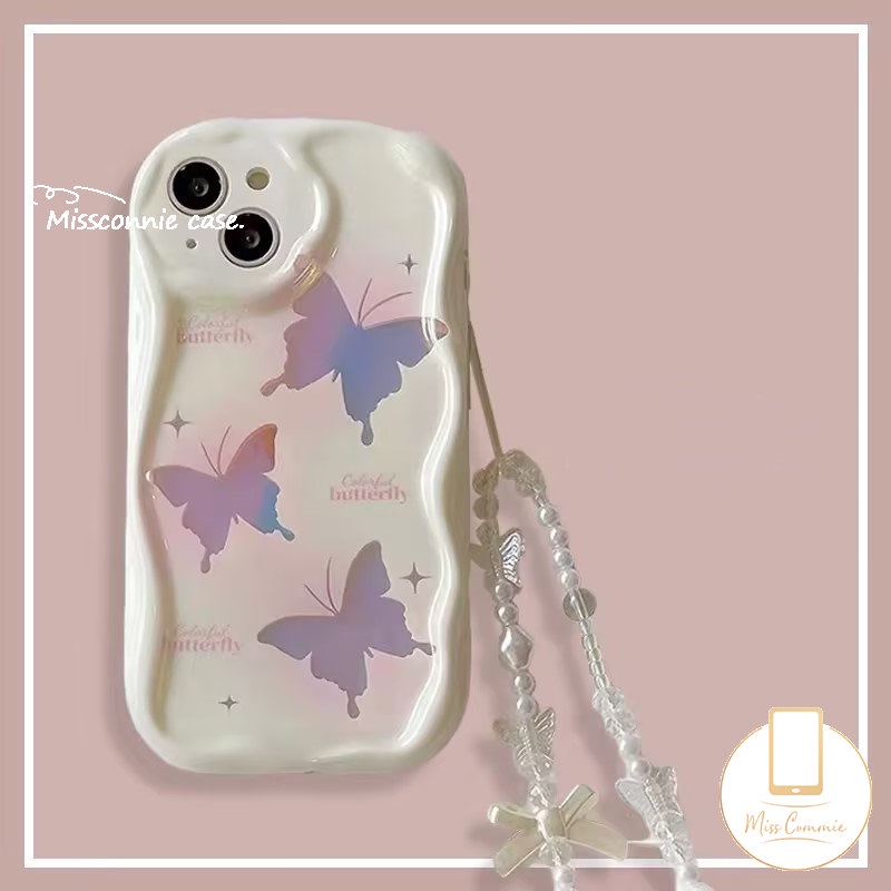 IPHONE Ins Korea Laser Smudge Glitter Fantasy Butterfly Dengan Lanyard Rantai Mutiara Case Kompatibel Untuk Iphone7 8 Plus XR 11 13 14 12 Pro Max 6 6s X XS Max SE 2020 Case Tepi Melengkung Bergelombang 3D