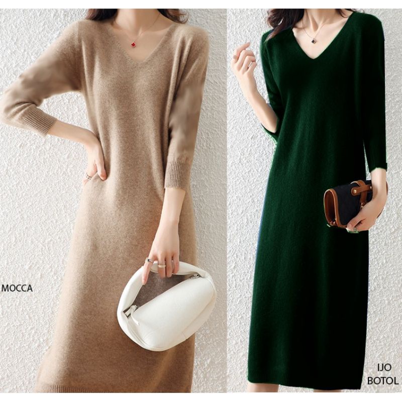 (D109) v neck knit midi dress wanita rajut / dress formal casual knit