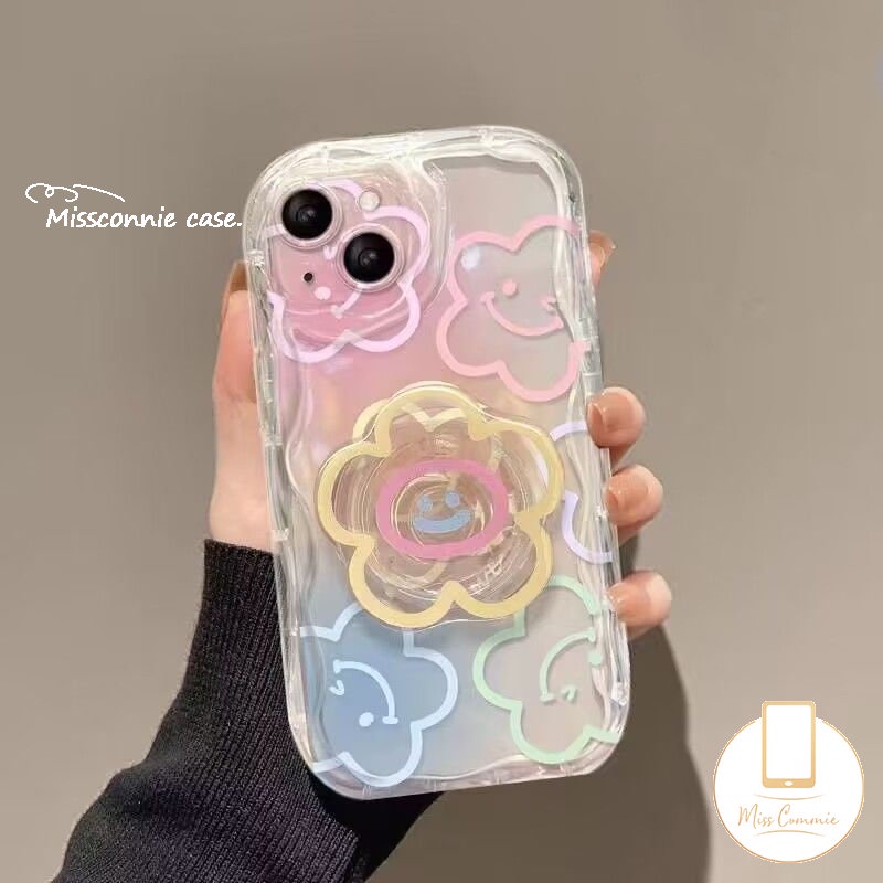 Untuk Realme C55 C25Y C31 C25 C53 5 9i 6i 7i 5i 5s C20 C20A C25s C21Y C12 C1 C33 C15 C35 C21 C17 C30 Colorful Graffiti Smiley Fresh Flowers Holder Bracket 3D Wavy Curved Edge Case