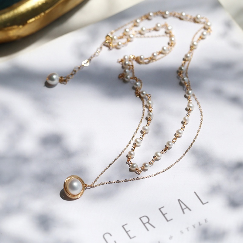 Choker Influencer Retro ins Sederhana Double Layer Mutiara Kalung Perempuan Trendi Rantai Klavikula Leher Pita Leher Pendek