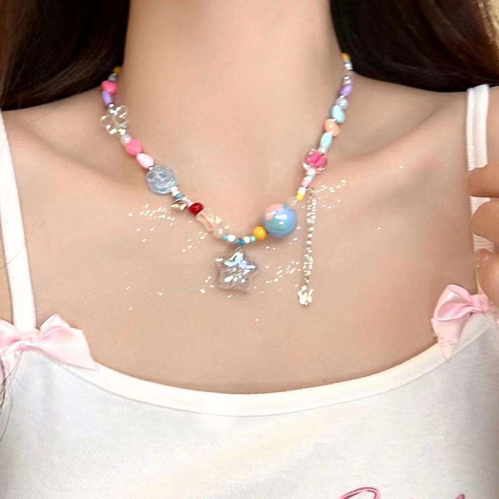 Kalung Liontin Bintang Warna-Warni Musim Panas~Korea Versi Manik-Manik Warna-Warni Rantai Klavikula Perempuan Unik Manis Keren All-Match Kalung