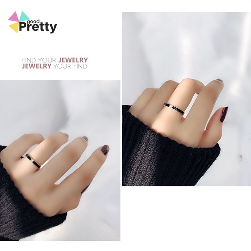 Cincin Wanita Titanium Berlian Imitasi untuk Pria Wanita Stainless Steel Aksen Cincin hitam P