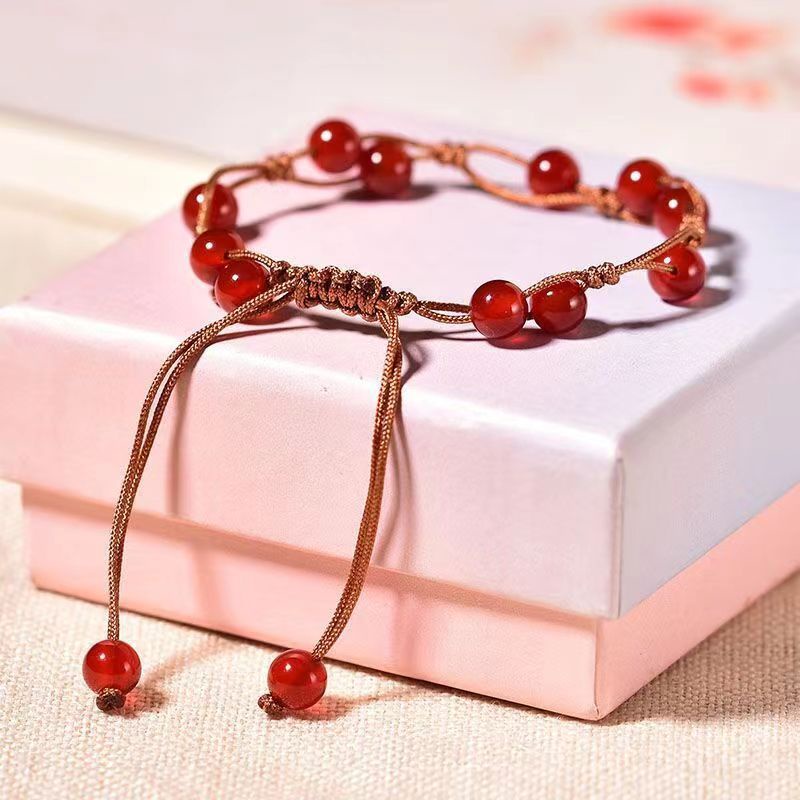 Gelang Coding Batu Akik Merah Gaya Cina Trik Perempuan Peach Blossom Beruntung Gelang Sederhana All-Match Desain Niche Gelang Pacar