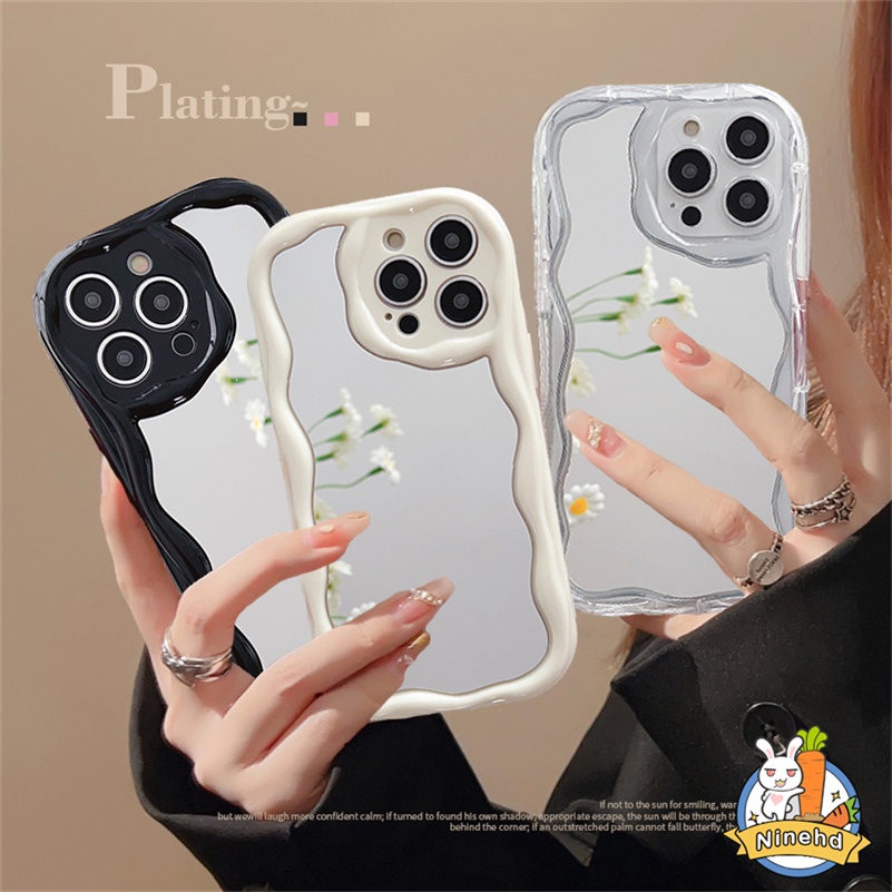 Oppo A17 A17K A57 A77 A77s A16 A15 A15s A3s A5s A78 A76 A96 A74 A54 A93 A94 A95 A53 A9 A5 Cream Wavy Edge Makeup Mirror Phone Case Pelindung Kamera Anti Jatuh Lembut TPU Penutup Belakang