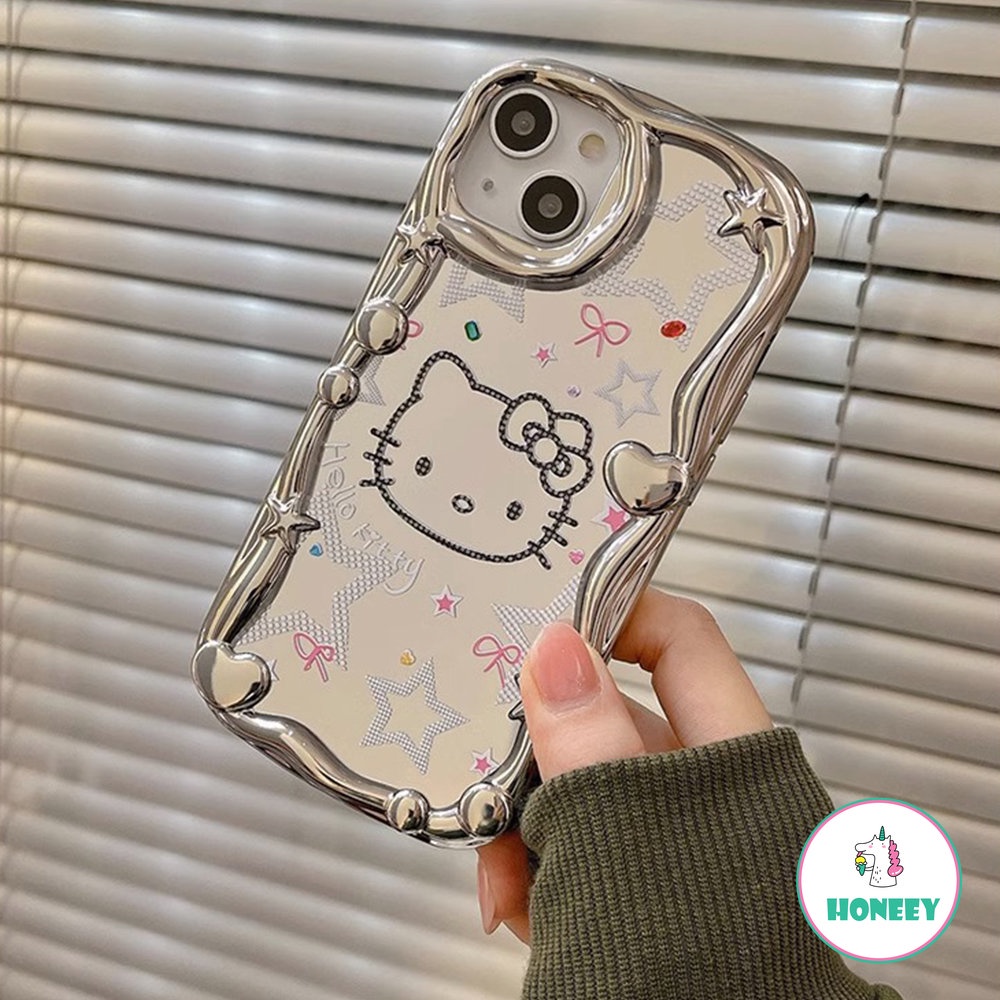 Fashion Kartun Kitty Berlapis Perak Cermin Ponsel Case Kompatibel Untuk iPhone 14 Pro 12 13 11 Pro Max XR XS Bintang Graffiti Anti-Shock Ponsel Cover