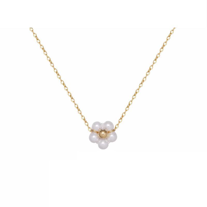 Kalung titanium Anti Karat Wanita Tenun Tangan Mutiara Bunga Rantai Tulang Selangka Tidak Luntur