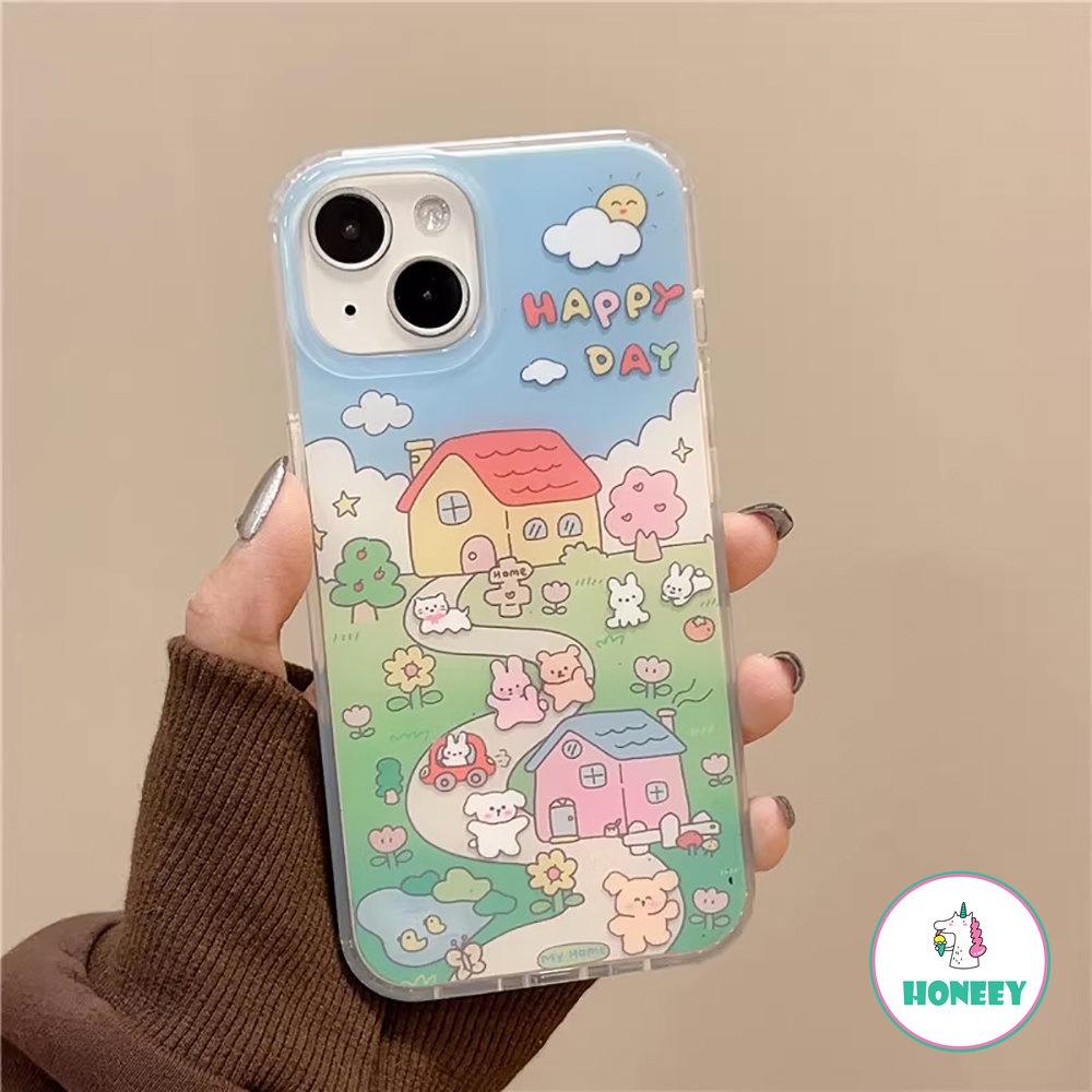 IPHONE Ins Kartun Beruang Kelinci Ilustrasi Ponsel Case Kompatibel Untuk Iphone14 Pro Max13 12promax Case Untuk Iphone11Sarung Belakang Tahan Guncangan Akrilik