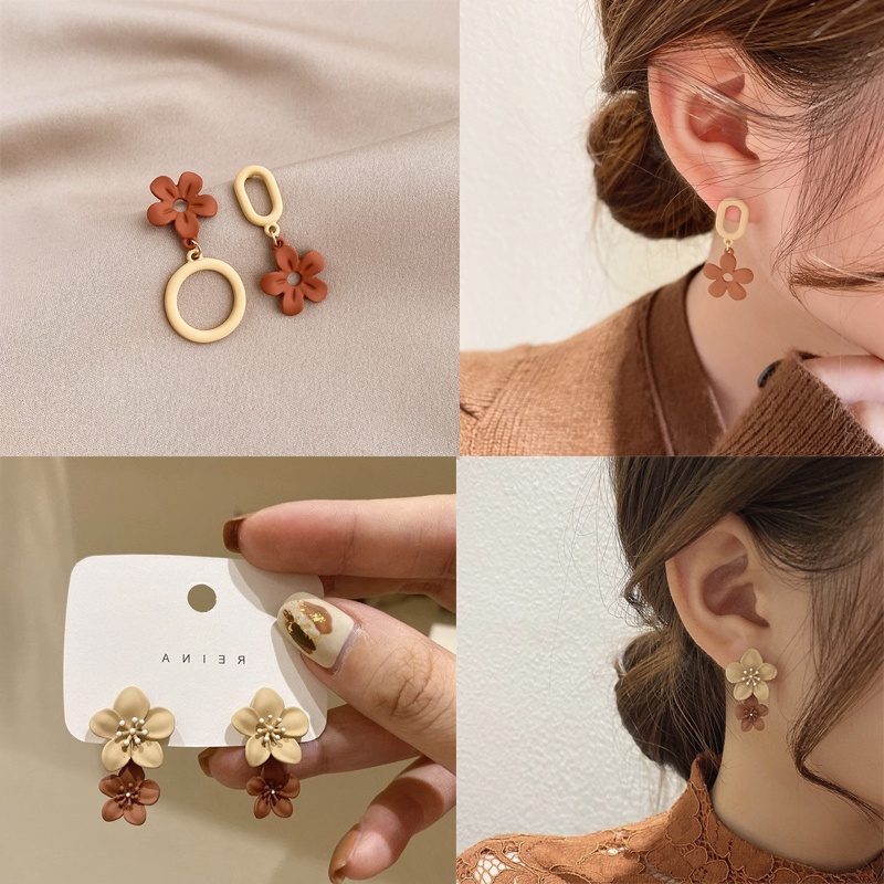 Anting Giwang Telinga Model Bunga Khaki Series Untuk Wanita Elegan Manis Perempuan