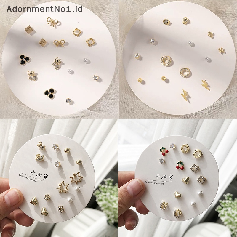 [AdornmentNo1] Fashion minggu Ear Studs hati ikatan simpul Peart Stud Earrings wanita perempuan baru 7pasang anting geometris sederhana perhiasan hadiah