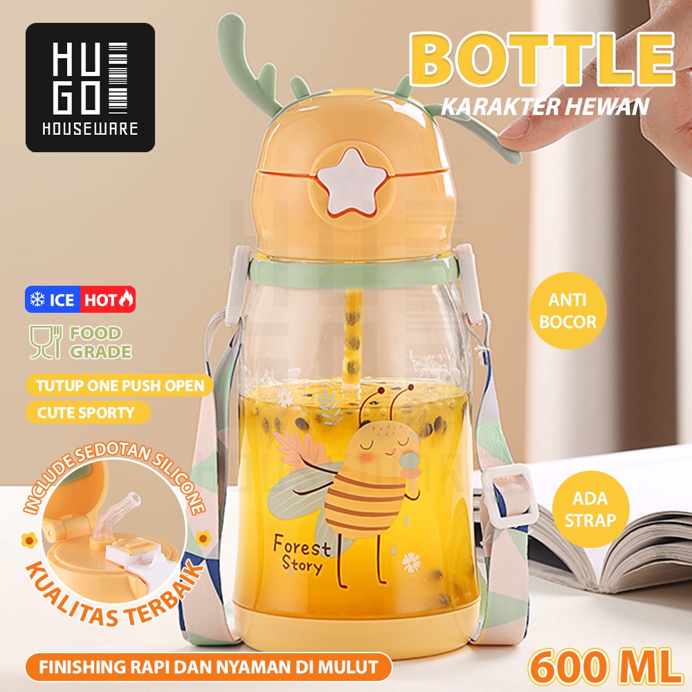 HUGO Botol Minum Anak Tanduk Rusa dengan Tali Sedotan Botol Anak Lucu 600 ml Anti Tumpah Anti Pecah