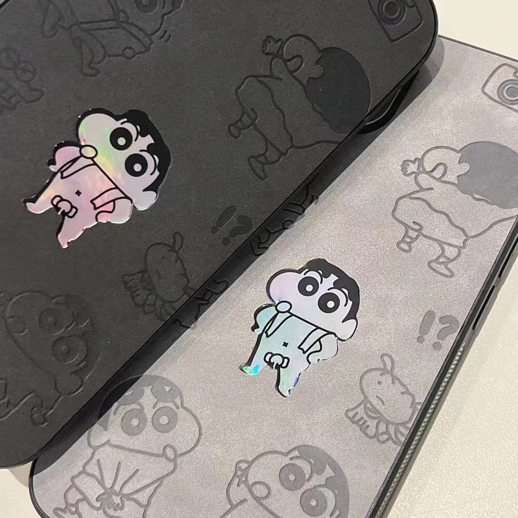 【Gradient Laser】Cool Cute Crayon Shin-chan Soft Bumper Hard Case IPhone 11 12 13 14 Pro Max Camera Protect for Girl Women Man Men's Fashion Gift Black Gray Cartoon Phone Case