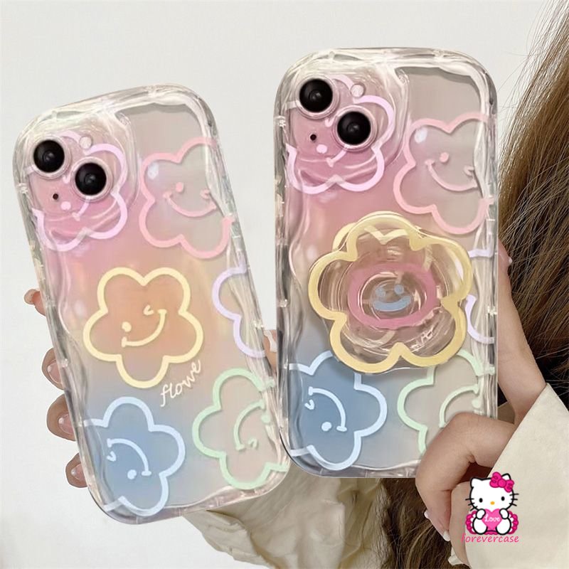 For Redmi Note 11 10 10s 11s 12 10 Pro Max 8 9 Redmi A1 A2 10C 9 9A 9C NFC 9T 10 10A POCO M3 Cartoon Smiley Fresh Flowers Colorful 3D Wavy Curved Edge Graffiti Holder Bracket Case