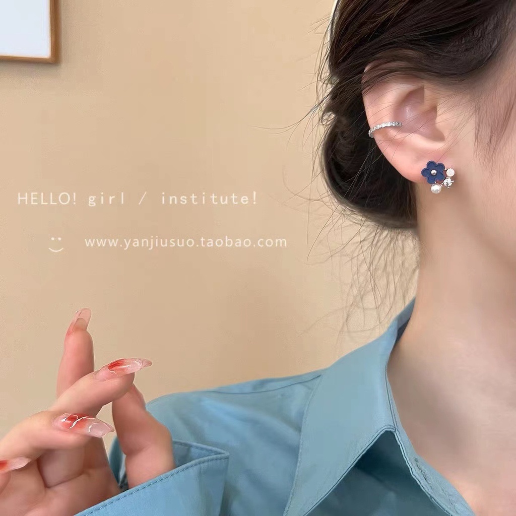 Anting Biru Manis Dan Kompak Dan Klip Telinga Anting Indah Sederhana Dan Elegan Baru