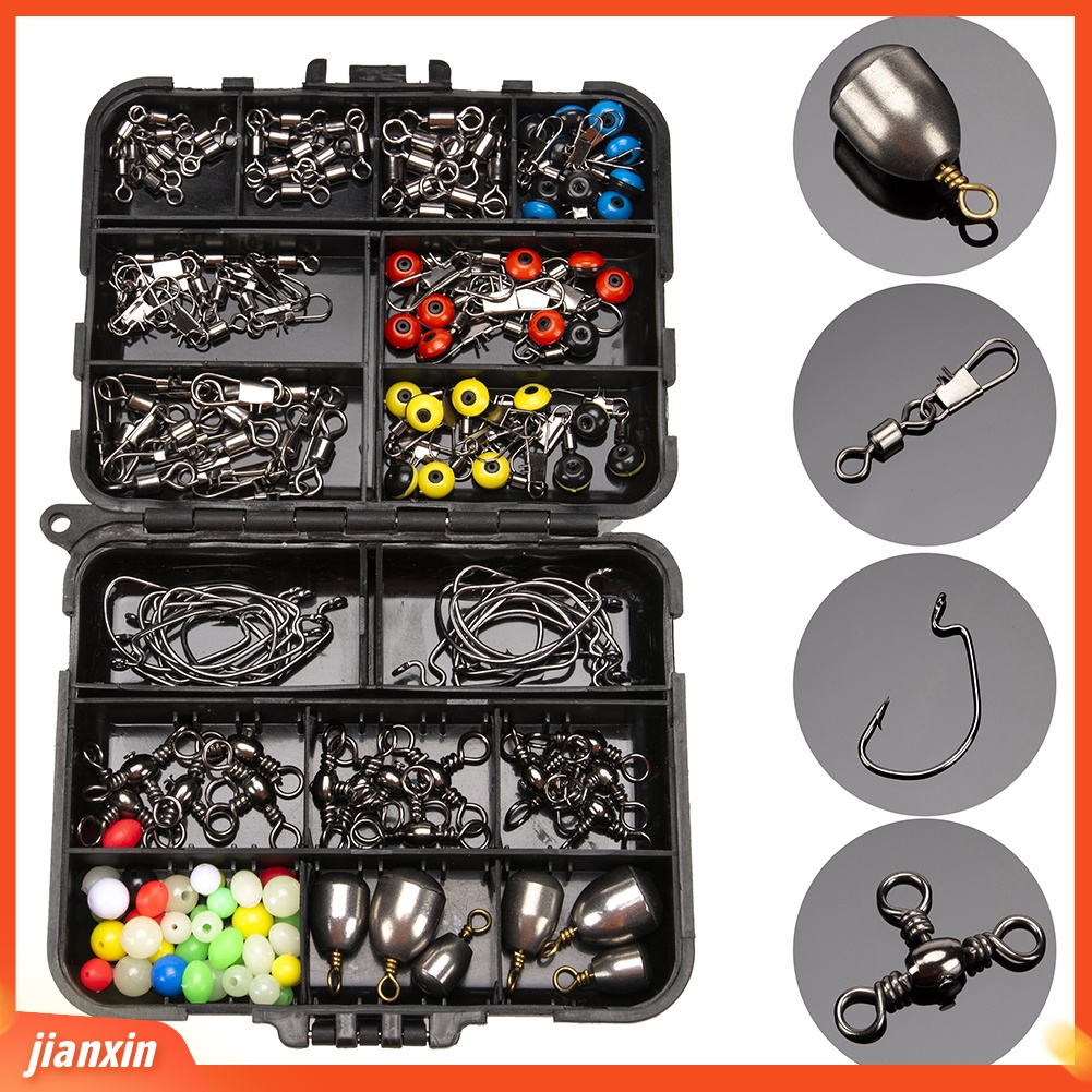 (In Stock) 160Pcs Fishing Jig Hook Sinker Putar Manik Fish Tackle Aksesoris Set Dengan Kotak