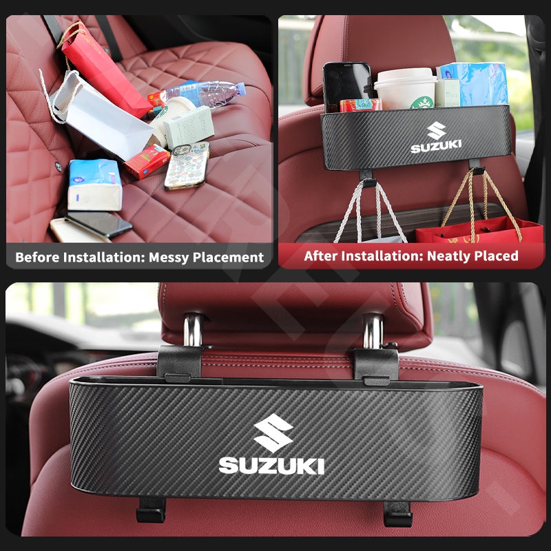 Suzuki Car Back Seat Organizer Kursi Belakang Mobil Hook Kotak Penyimpanan Cup Holder Tekstur Serat Karbon Untuk Suzuki ERTIGA XL7 Swift SX4 S-cross Jimny Grand Vitara Brezza Ignis Wagon R