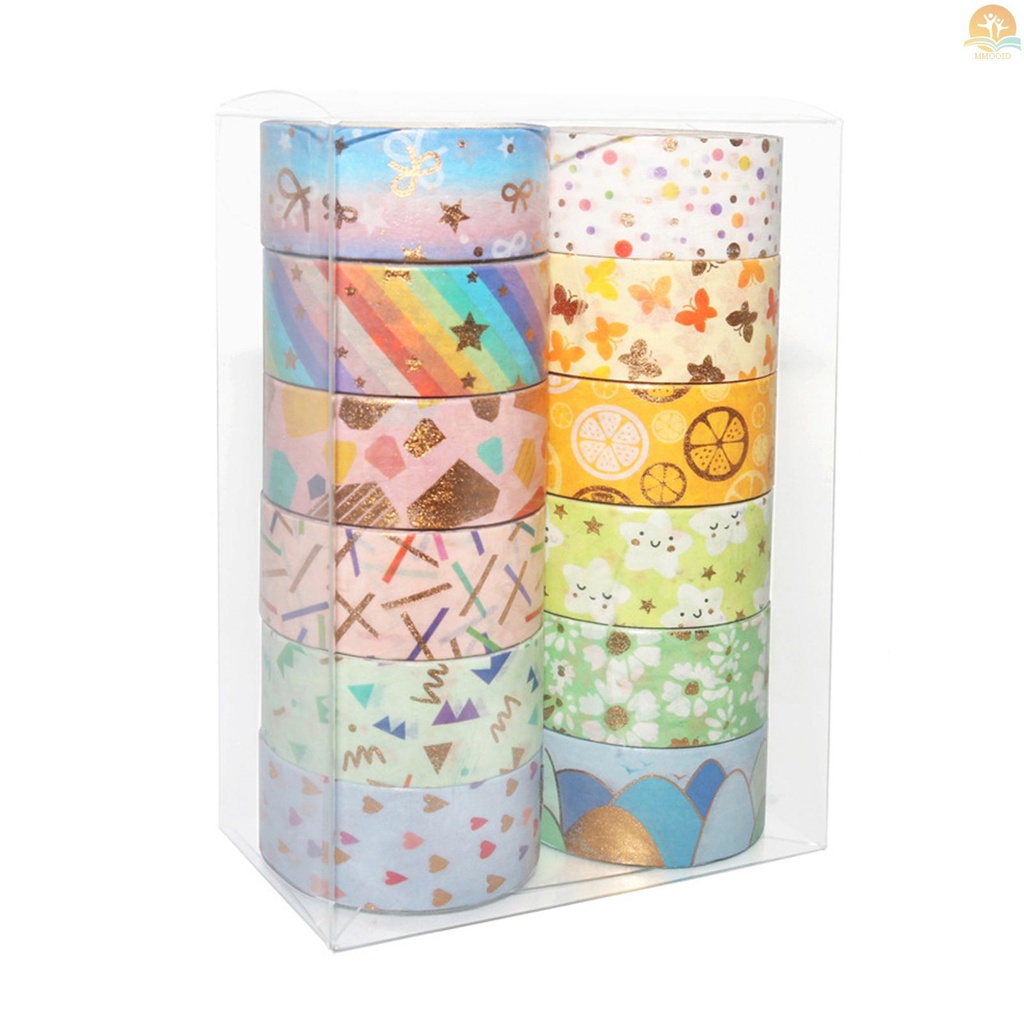In Stock 12roll Washi Tape Set Pola Lucu Foil Emas Masking Tape Lebar 15mm Perekat Dekoratif Tape Stiker Untuk Kerajinan DIY Jurnal Planners Scrapbooking Card Gift Wrapping