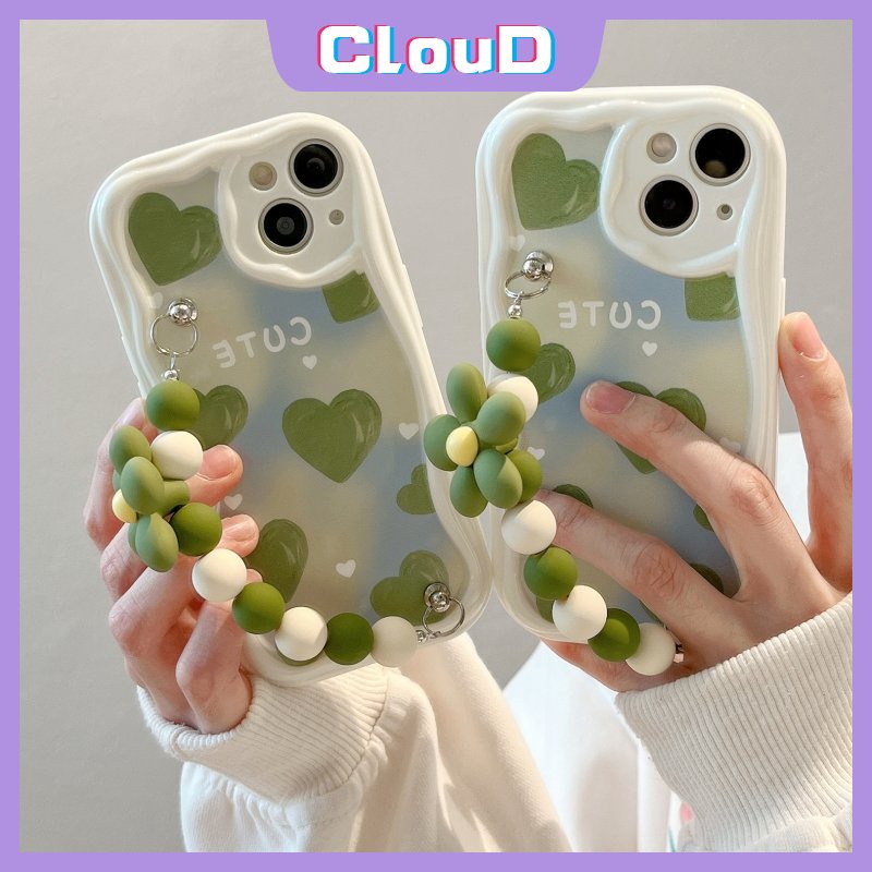 Casing Tepi Melengkung Bergelombang 3D Untuk Redmi 9T 9A A2 9C NFC 10C 10A A1 9 10 POCO M3 Redmi Note12 11 8 11s 10s 9 10 Pro Max Art Cat Minyak Green Love Heart Case Dengan Tangan Bunga Gelang Tangan