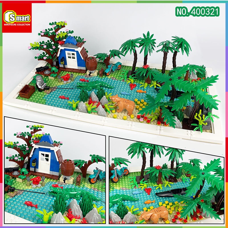 Kreatif Blok Bangunan Seri Belantara Survival Scene Hewan Tas Aksesoris Buaya Beruang DIY Scene Building Block Mainan