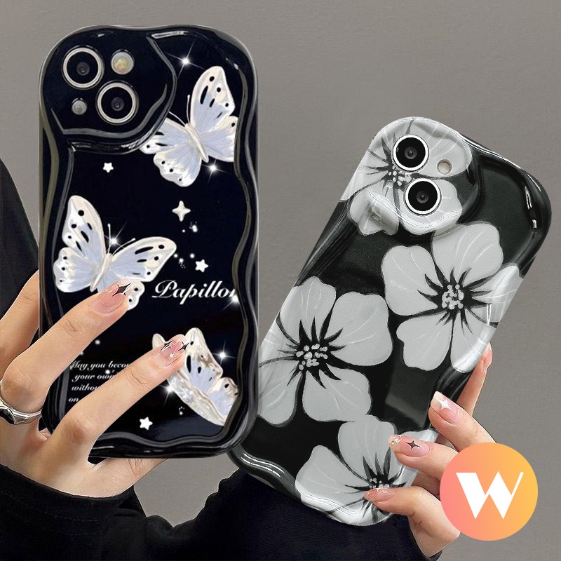 Case Bunga Seni Lukisan Minyak Kompatibel Untuk IPhone 7Plus 14 13 12 Pro MAX XS Max7 6S 8 6 Plus Se2020 11 XR X 3D Wavy Curved Edge INS Korean Fantasy Glitter Butterfly Soft Case