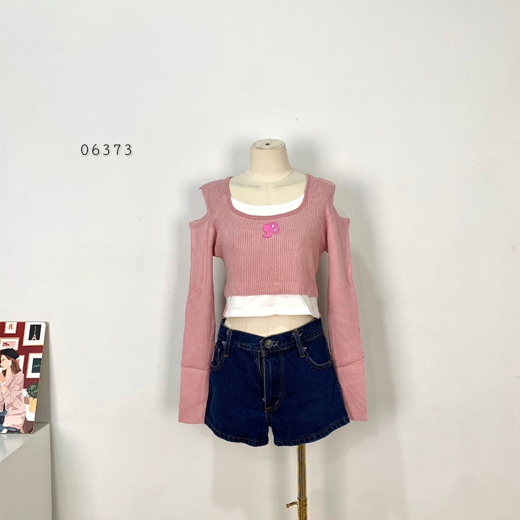 ATASAN BLOUSE CROP SABRINA TANGAN PANJANG KNIT RAJUT BARBIE KEKINIAN PREMIUM ATASAN BLOUS RAJUT PINK