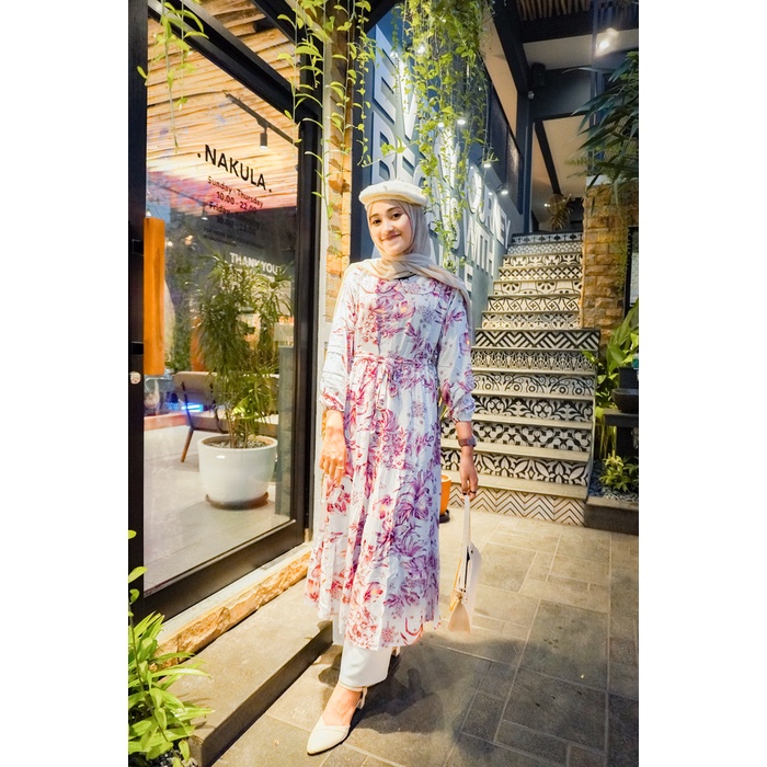 Promo Best Seller Dress Gamis Midi Rayon Viscose Premium Bestseller, Midi Flower Nhm - Putih