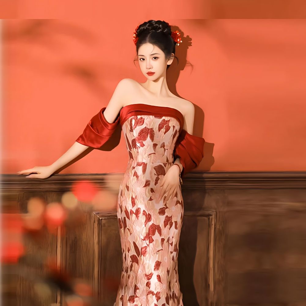 New Chinese style toasting attire, bride's morning gown, one shoulder, fish tail evening dress