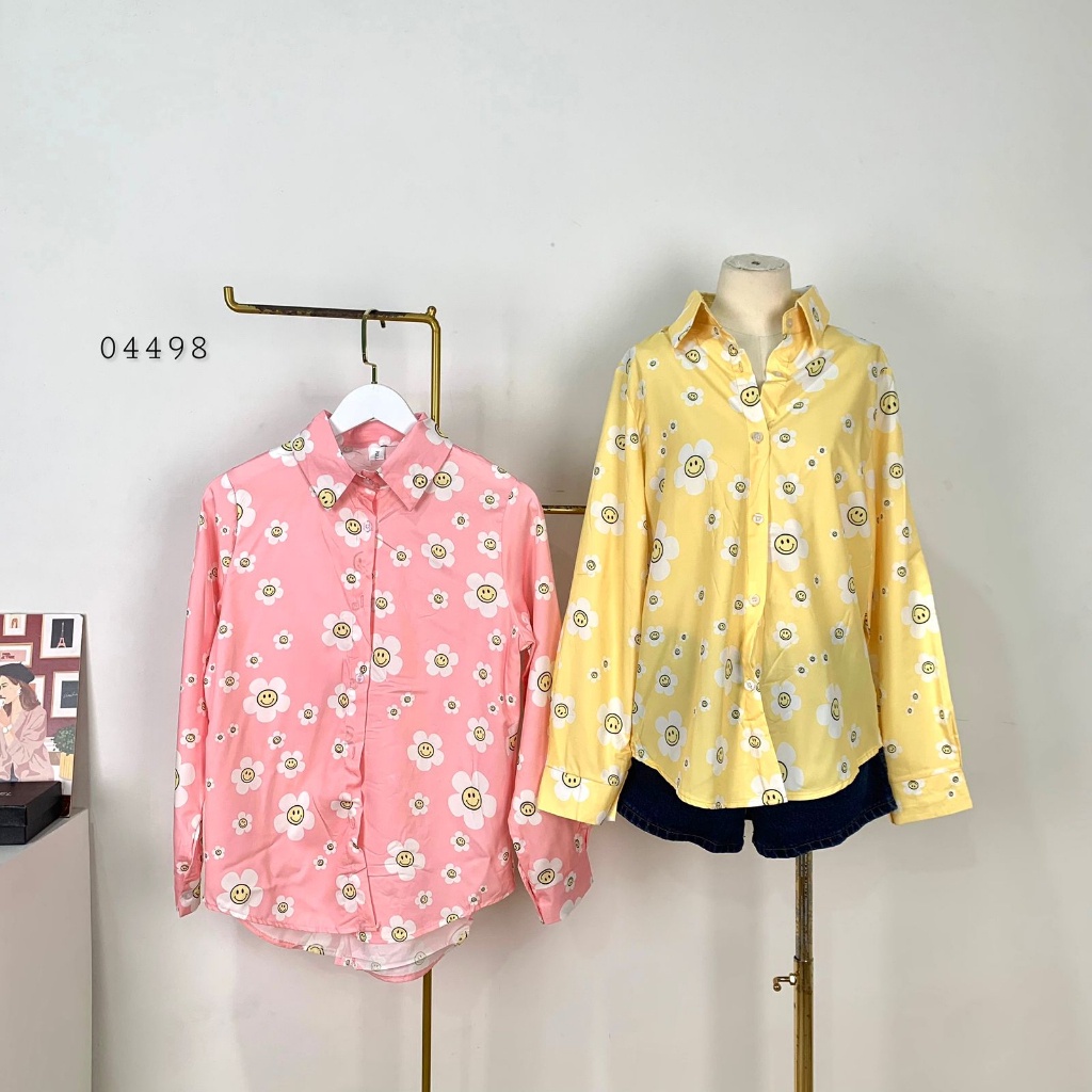 ATASAN KEMEJA SLIKY PULL&B3AR MOTIF FLOWER SMILE FULL PRINT TANGAN PANJANG PREMIUM WANITA ATASAN KEM