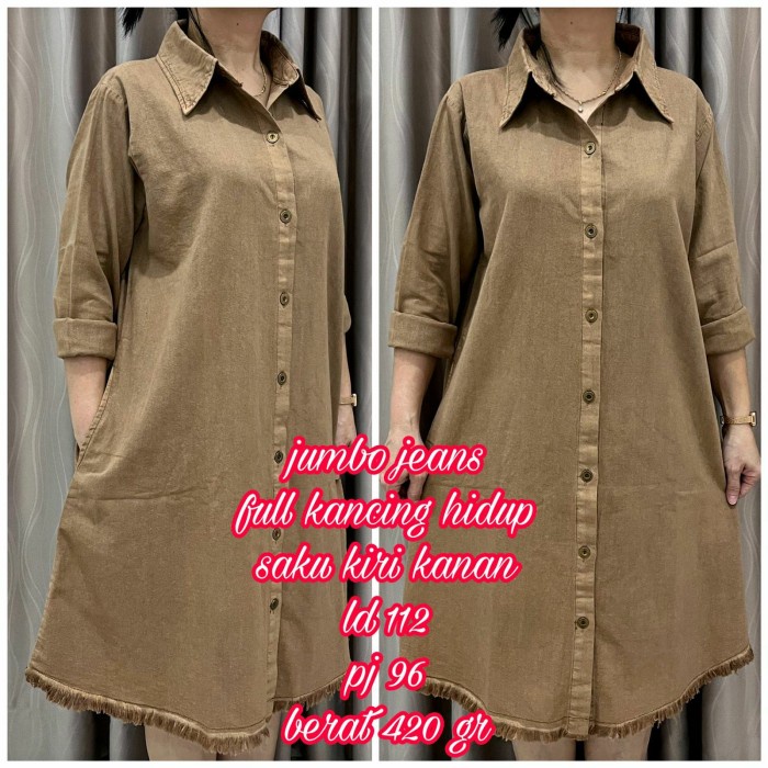 Promo Style Trend Dress Tunik Denim Jumbo Wanita Dress Jeans Polos Adem Oversize - Coklat Ld114