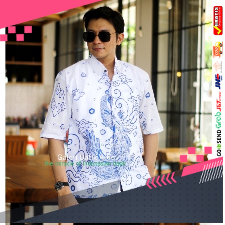 BATIK STYLE JAWA KEREN TERLARIS /Merak Putih Kemeja Batik Pria Lengan Pendek Atasan Batik Warna Puti