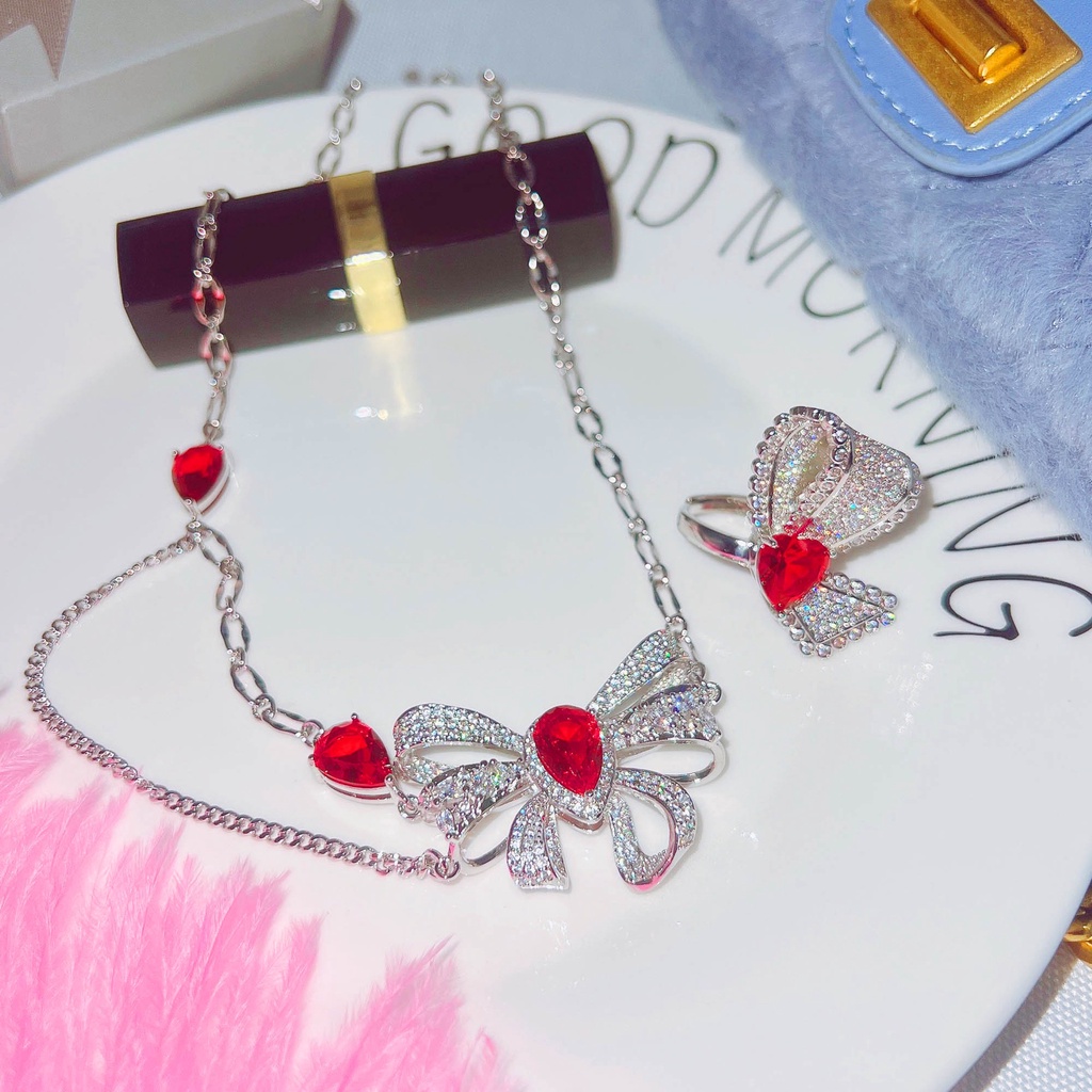 Goldkingdom Fashion Perhiasan Aksesoris Ready Stock Industri Berat Maju Merasakan Micro Penuh Berlian Merah Busur Set Kalung Super Peri Kupu-Kupu Berbentuk Hati Terbuka Cincin Perempuan