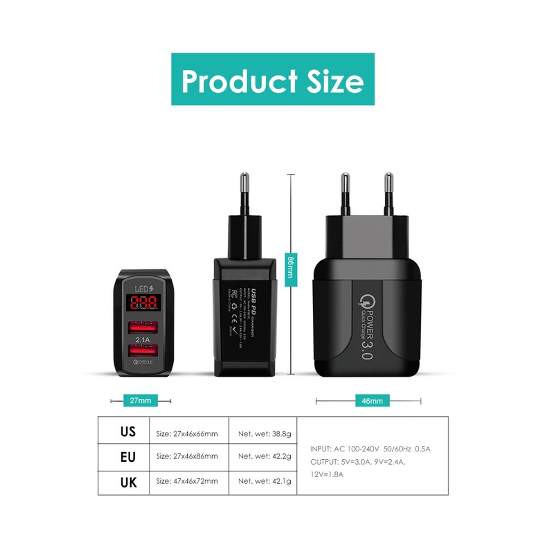 2usb Digital Display Charger 5V2.4A Standar Eropa American Standard British Standard Smartphone Charging Head Travel Charger