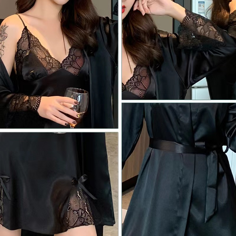 2023 Wanita Baru Set Piyama/Kemeja Fashion Seksi Kolar Ice Camisole Rok Tidur+Jubah