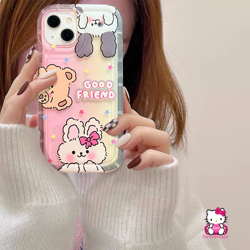 IPHONE Kartun Kelinci Lucu Beruang Teman Baik Case Kompatibel Untuk Iphone13 11 12 14 Pro MAX 8Plus XR 7Plus 6S 6 Plus XS X MAX Lembut TPU Airbag Shockproof Silicon Clear Phone Cover