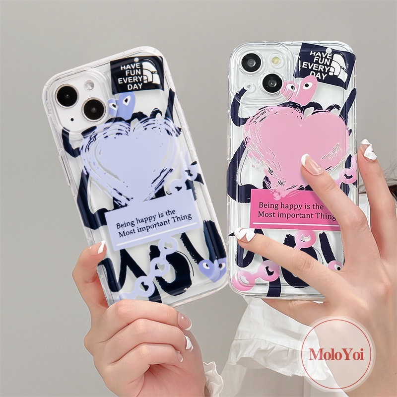 IPHONE Casing Ponsel Cinta Hati Graffiti Kartun Kompatibel Untuk Iphone11 13 14 12 Pro MAX XR 7Plus X XS MAX 6 7 8 6S Plus SE 2020 Airbag Shockproof Soft TPU Cover