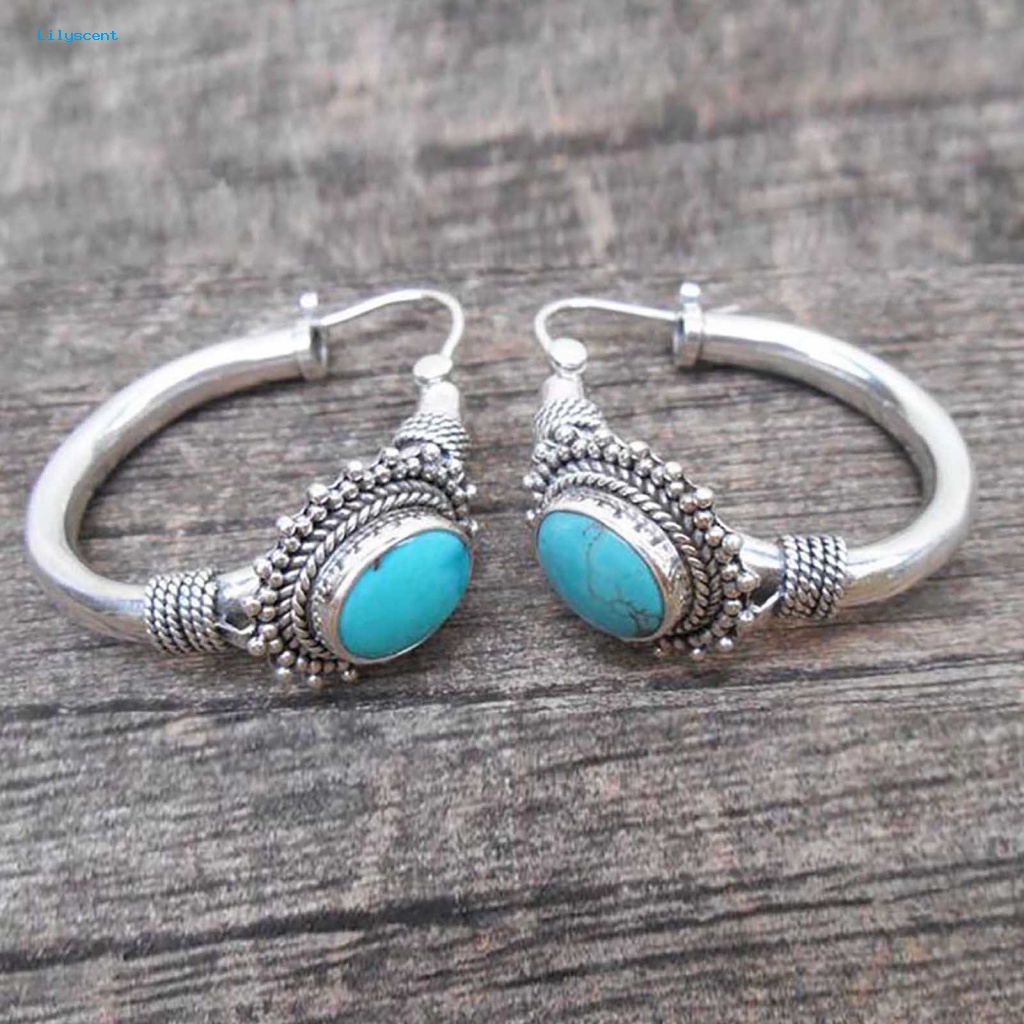 Lilyscent 1pasang Anting Klip Tindik Perhiasan Aksesoris Vintage Turquoise Lady Boho Earrings Simple