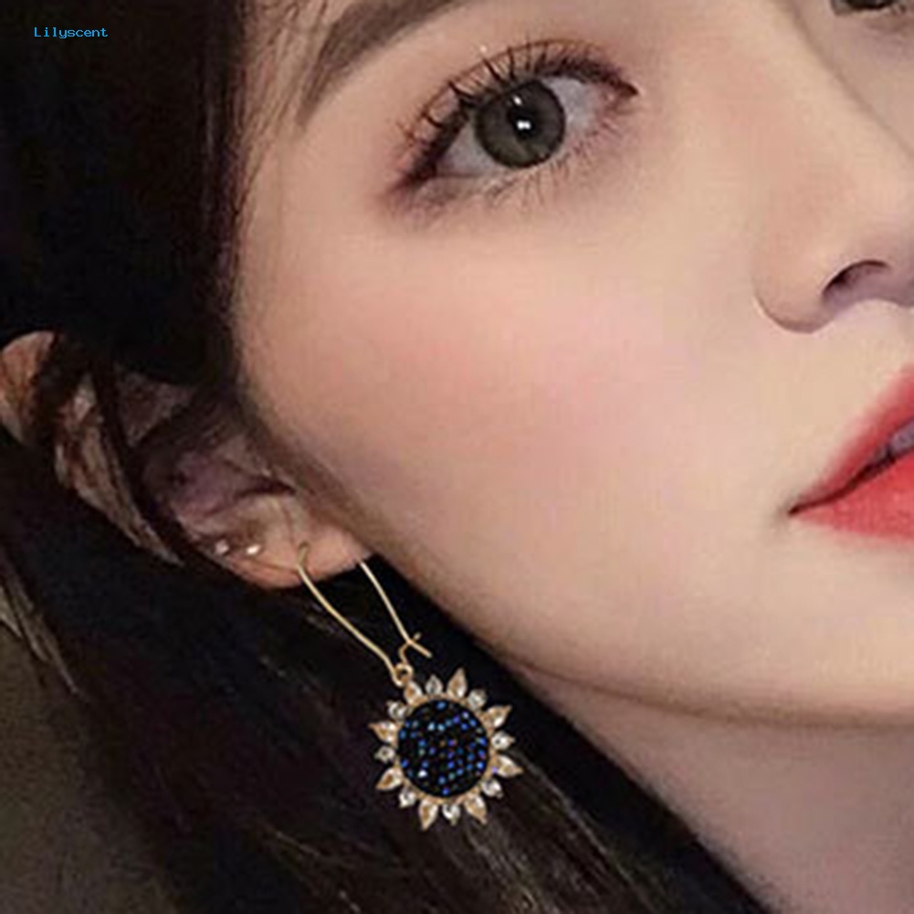 Lilyscent Pesta Mewah Wanita Bunga Matahari Liontin Cubic Zirconia Hias Leverback Earrings