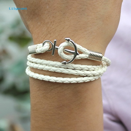 Lilyscent Gelang Kaki Pria Kulit Imitasi Multilayer Braided Bangle Charm Infinity Bracelet