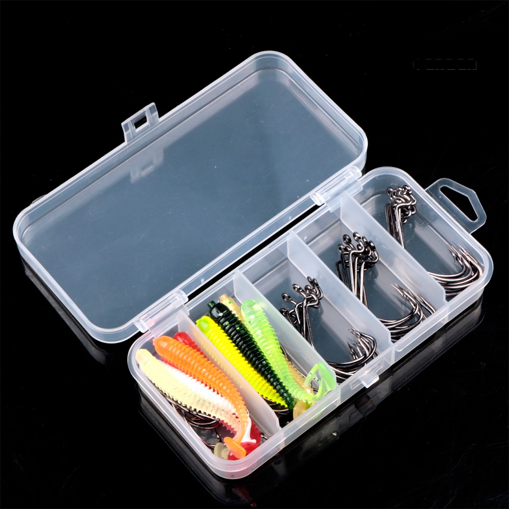 Cnn-60pcs Umpan Cacing Buatan T-Tail Soft Lure+Kait Ikan Fishing Tackle Dengan Box