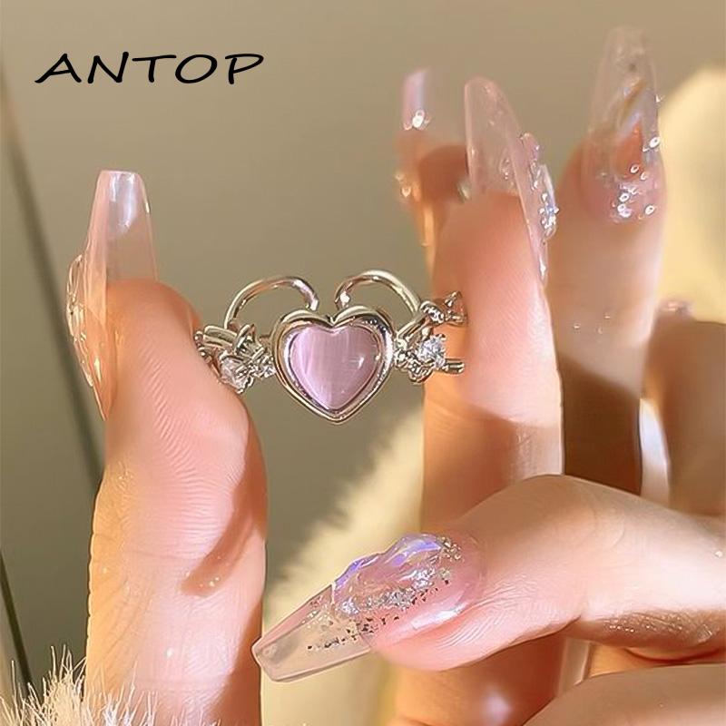 [Antopgrosir Duri Opal Zirkon Cincin Ring Desain Rasa Pink Cinta Perempuan Manis Keren Fashion