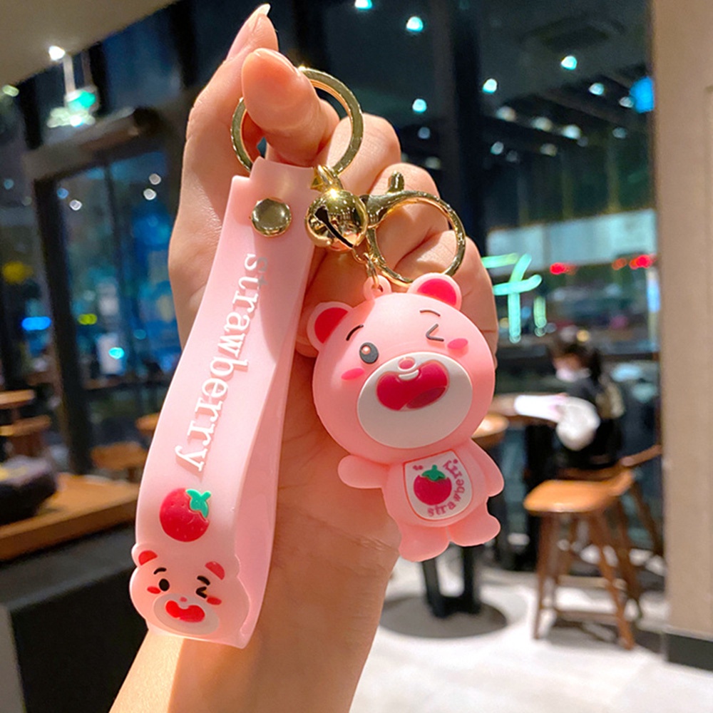 Lucu Indah Pink Strawberry Bear Gantungan Kunci Tas Mobil Liontin Keyring Aksesoris Pasangan Hadiah Kecil